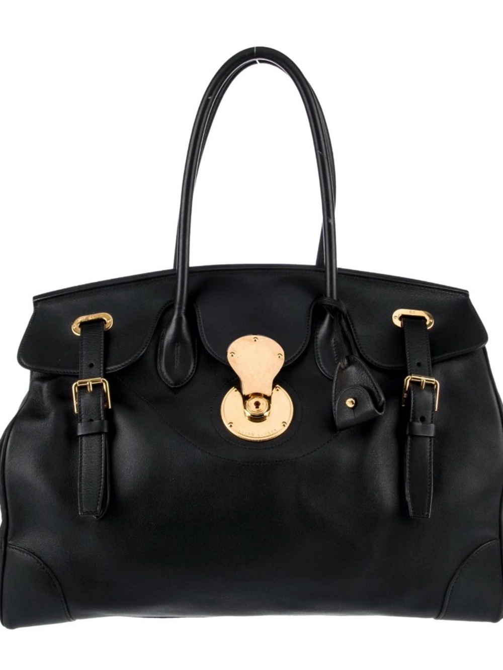 RALPH LAUREN RICKY TOTE. Elegant Black Leather Tote with Gold-Tone Hardware